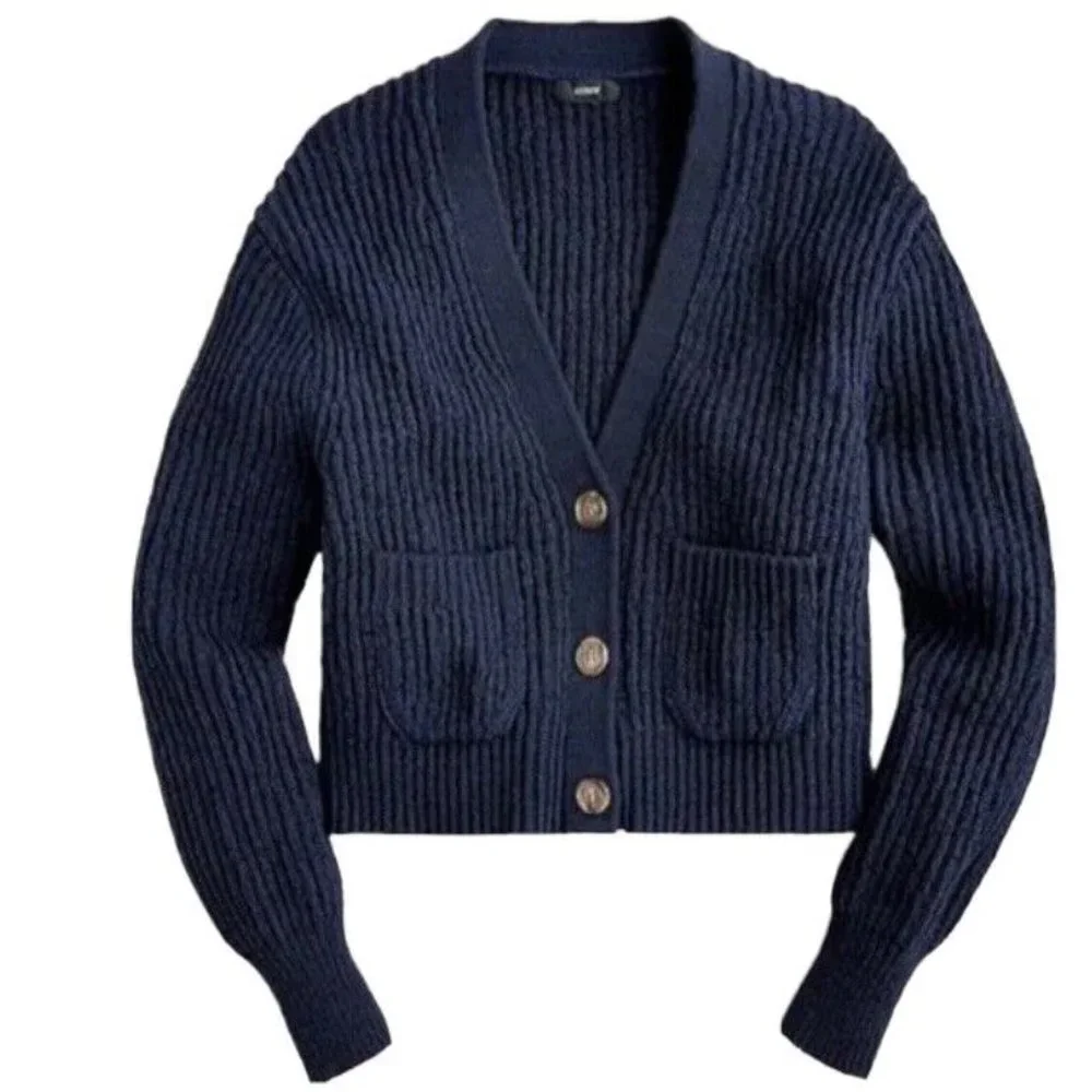 NWT J. Crew Cropped Patch Pocket Beach Cardigan Sweater Navy Size 2XL AY828